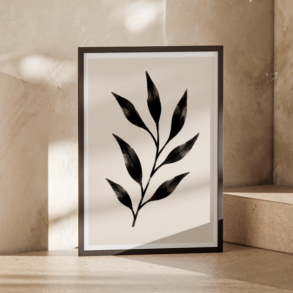 Abstract Leaf Botanical Poster, Black Minimalist Plant Wall Art, Scandi Nature Print