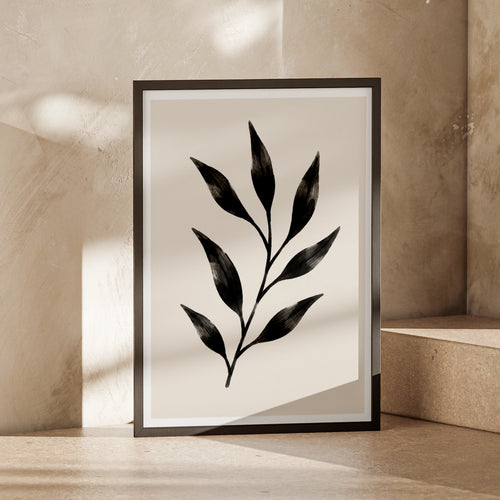 Abstract Leaf Botanical Poster, Black Minimalist Plant Wall Art, Scandi Nature Print