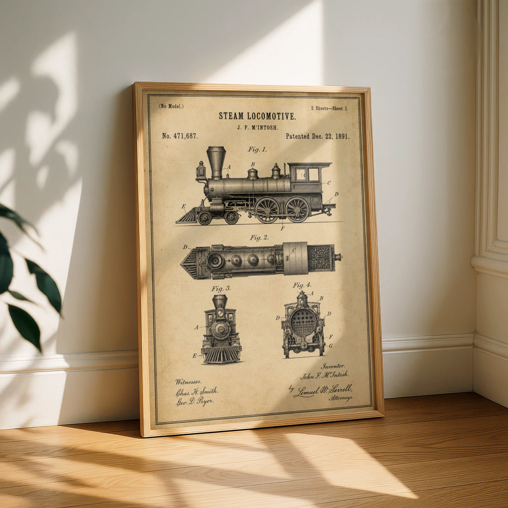 Steam Locomotive Patent Print, Vintage Train Blueprint Poster, Railway Wall Art