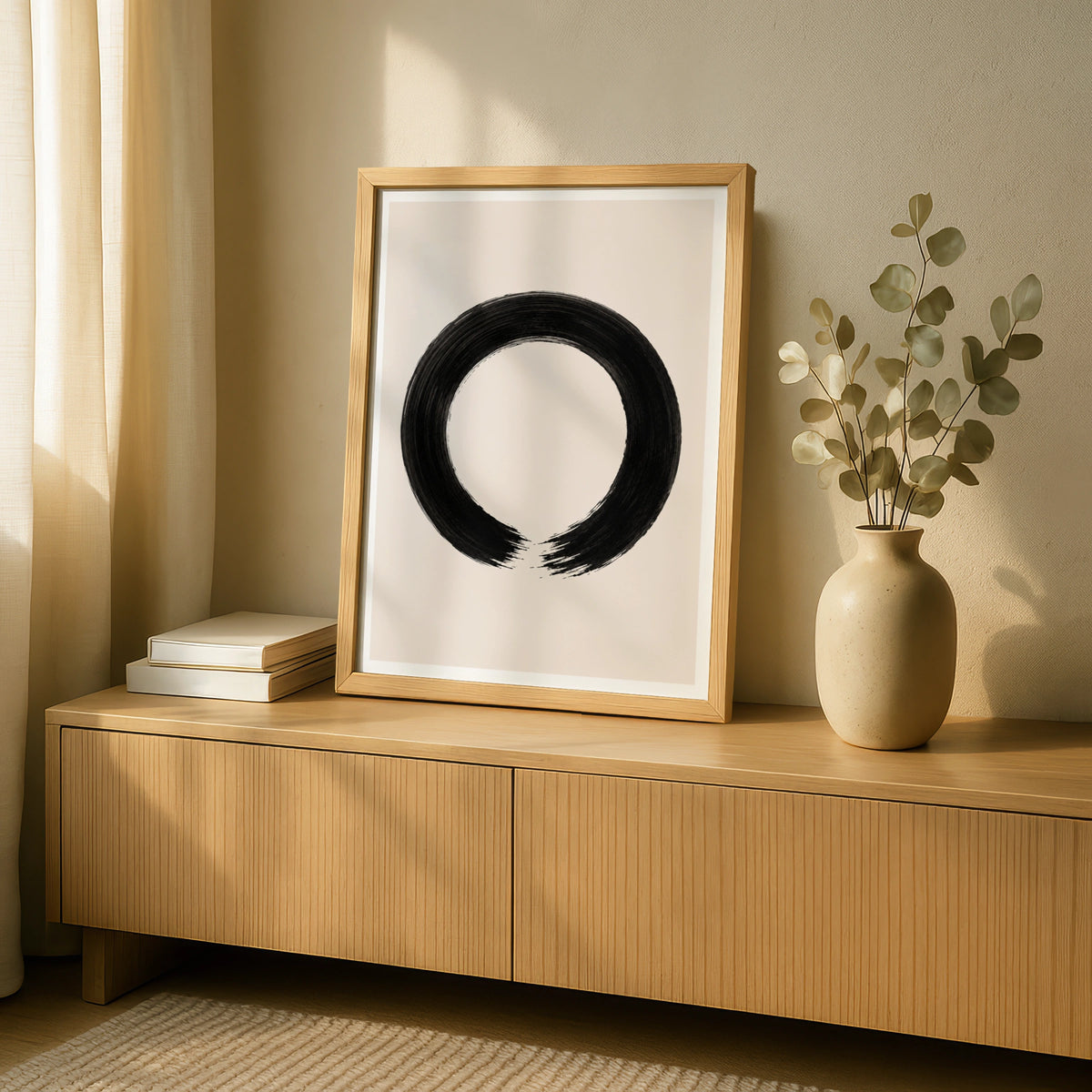 Enso Circle Poster, Zen Brush Stroke Wall Art, Black Cream Minimalist Print