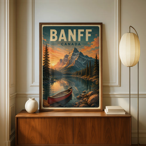 Banff Canada Vintage Travel Poster, Rocky Mountain Lake Print, Canadian National Park Wall Art
