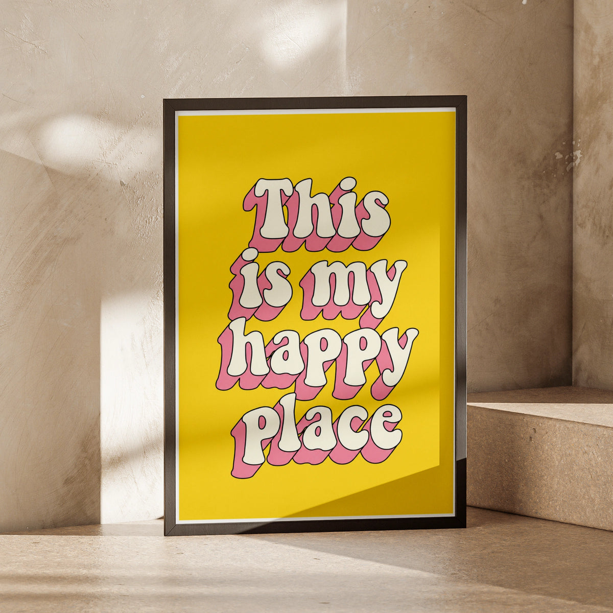 This Is My Happy Place Poster, Retro Typography Print, Yellow Pink Wall Art