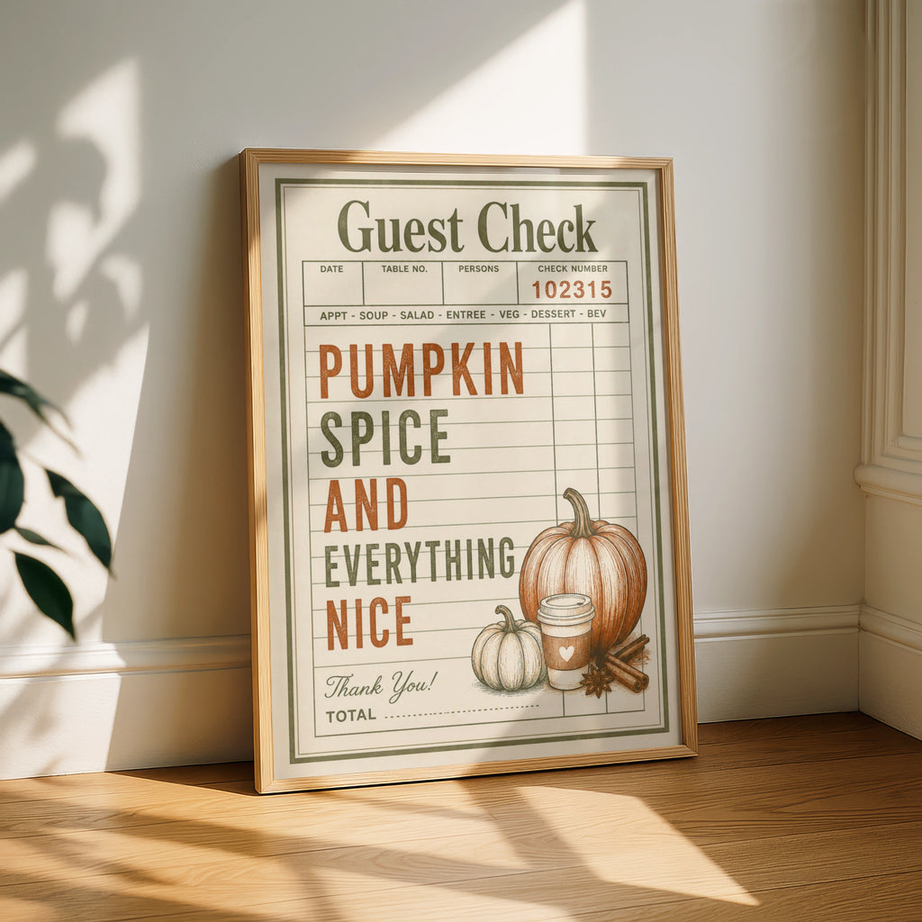 Pumpkin Spice Guest Check Poster, Autumn Kitchen Wall Art, Fall Retro Print