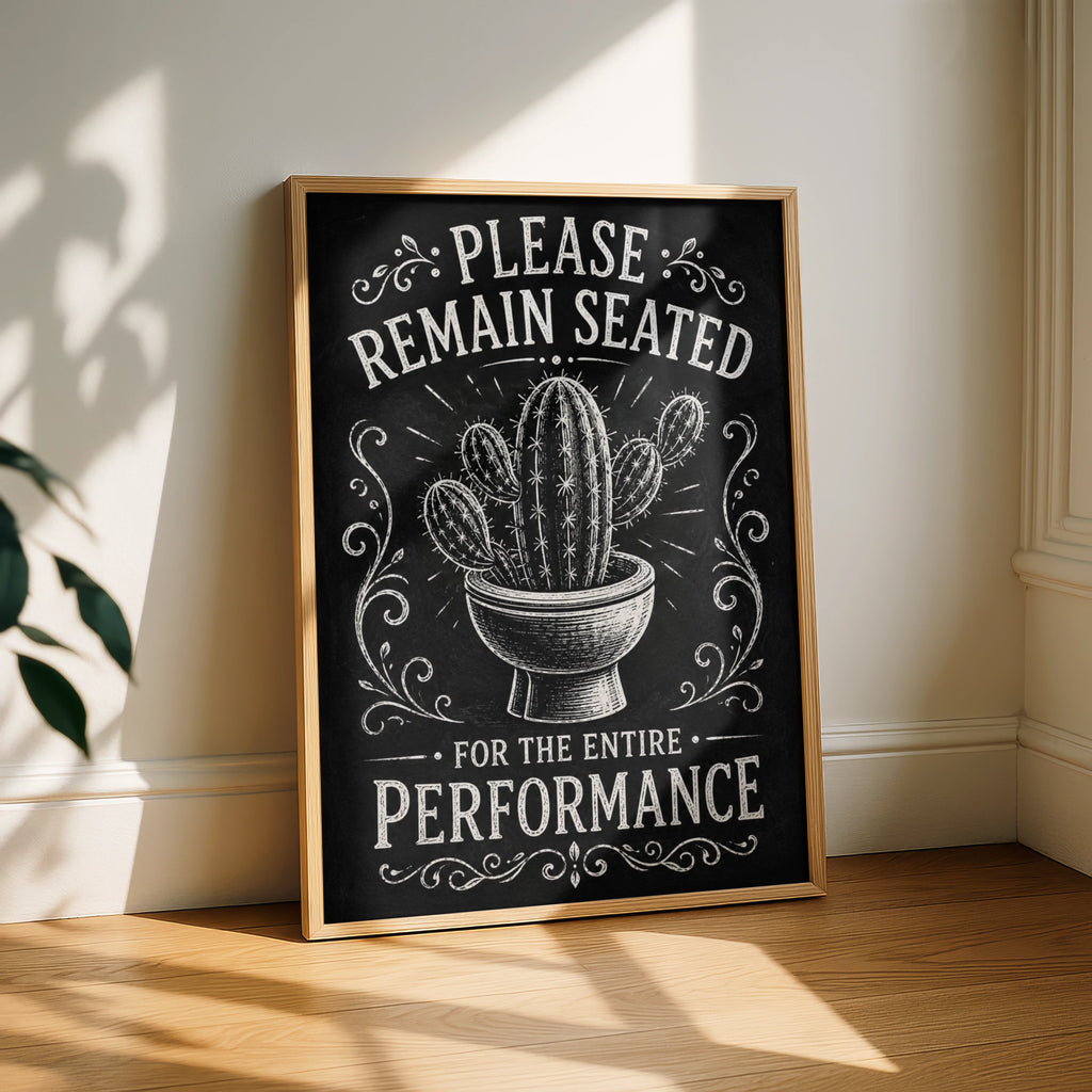 Funny Bathroom Cactus Poster, Please Remain Seated, Black White Toilet Wall Art