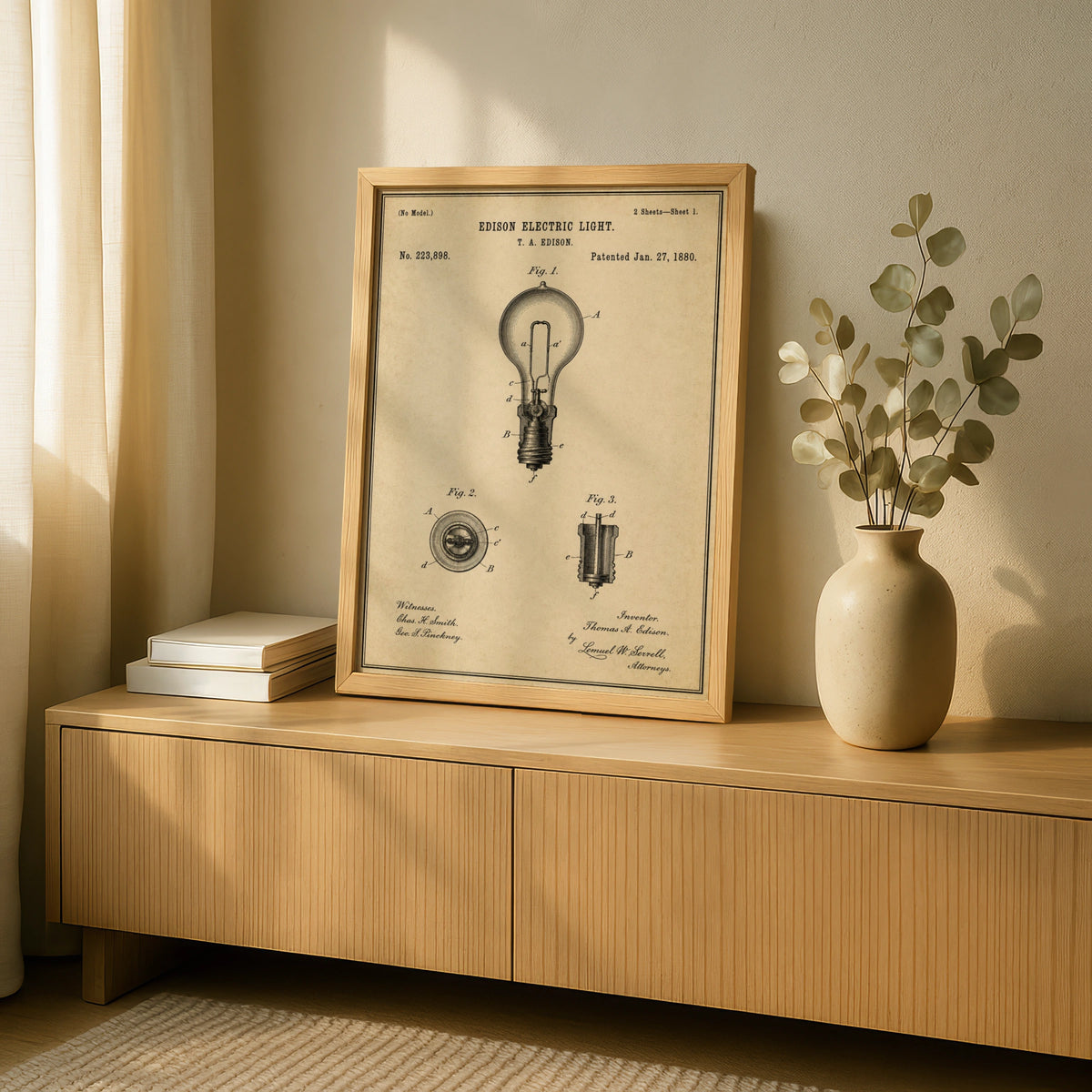 Edison Electric Light Bulb Patent Print, Vintage Invention Poster, Sepia Engineer Wall Art