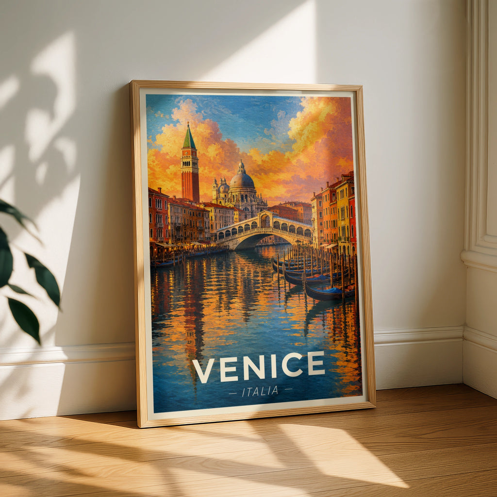 Venice Italy Travel Poster, Grand Canal Wall Art, Rialto Bridge Print, Italian City Decor