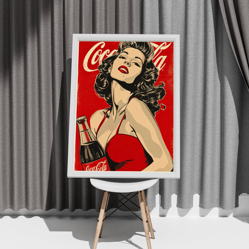 Retro Pin-Up Girl Poster, Vintage Cola Ad Style Wall Art, Red Pop Art Print