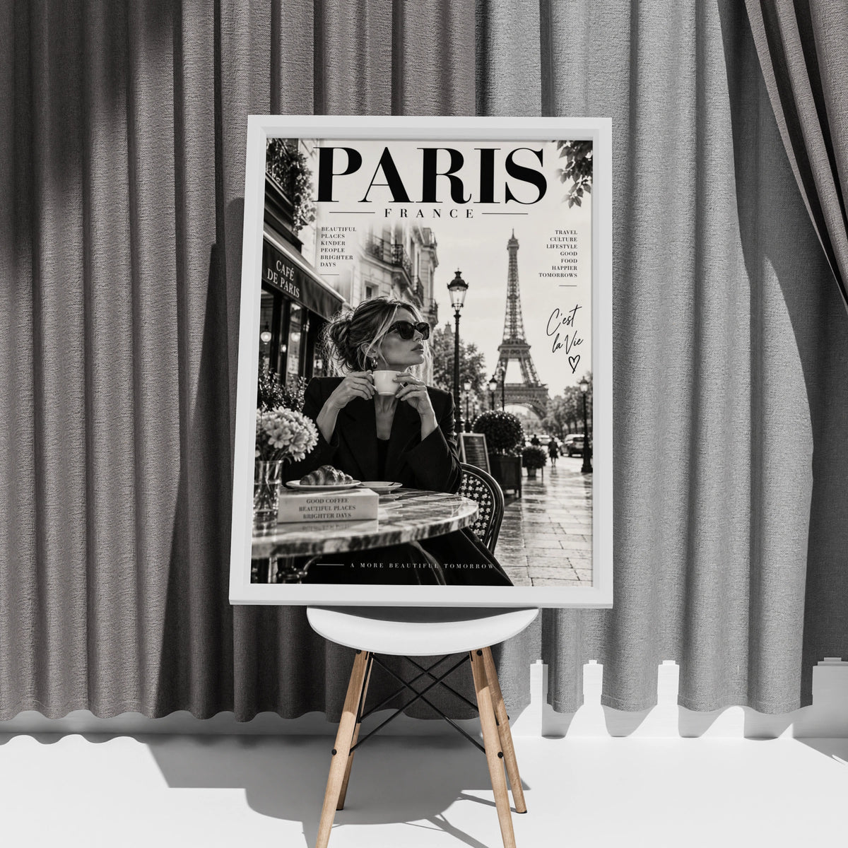 Paris France Magazine Style Poster, Eiffel Tower Wall Art, Black White Cafe Print