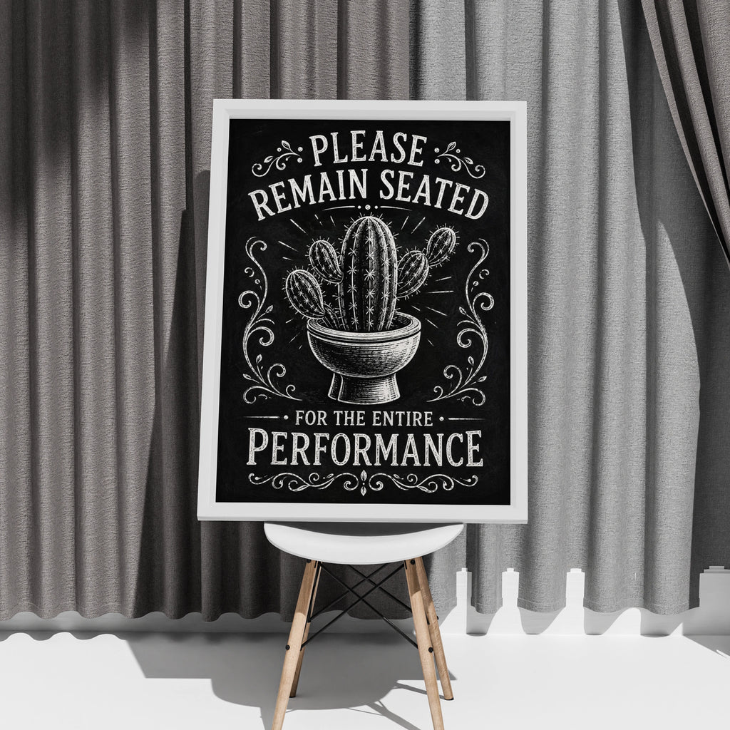 Funny Bathroom Cactus Poster, Please Remain Seated, Black White Toilet Wall Art