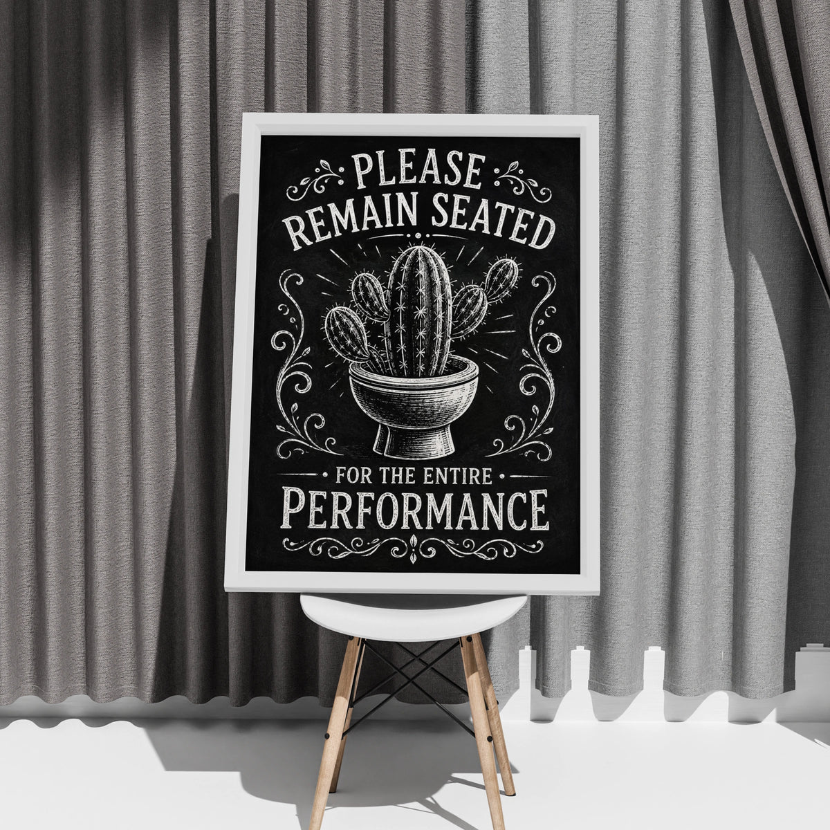 Funny Bathroom Cactus Poster, Please Remain Seated, Black White Toilet Wall Art
