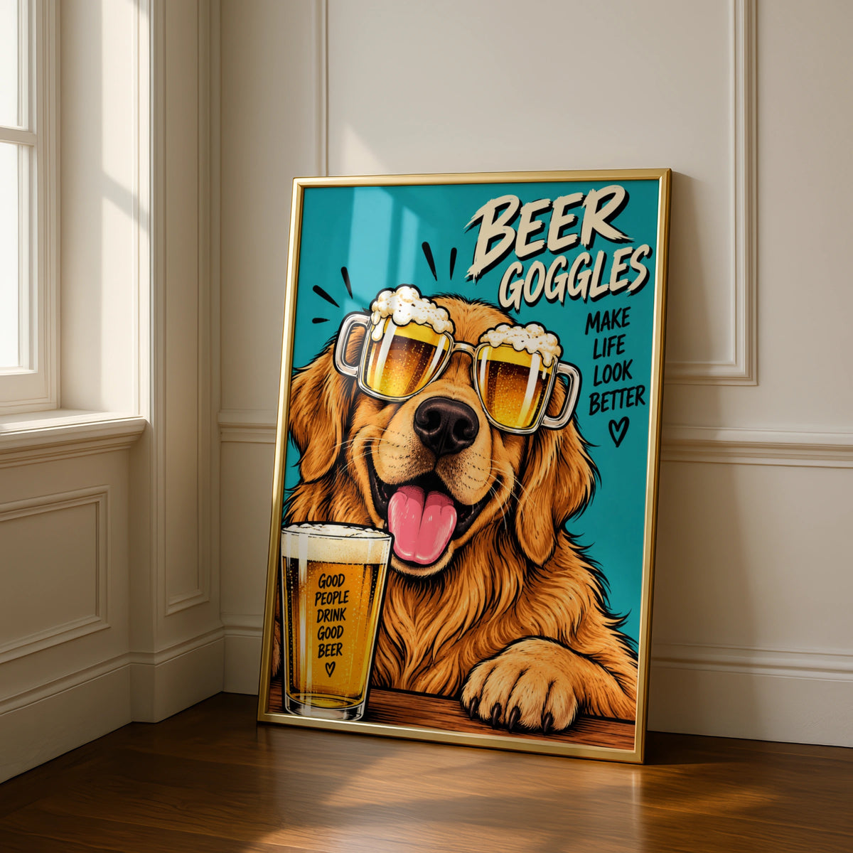Beer Goggles Golden Retriever Poster, Funny Dog Beer Wall Art, Man Cave Print