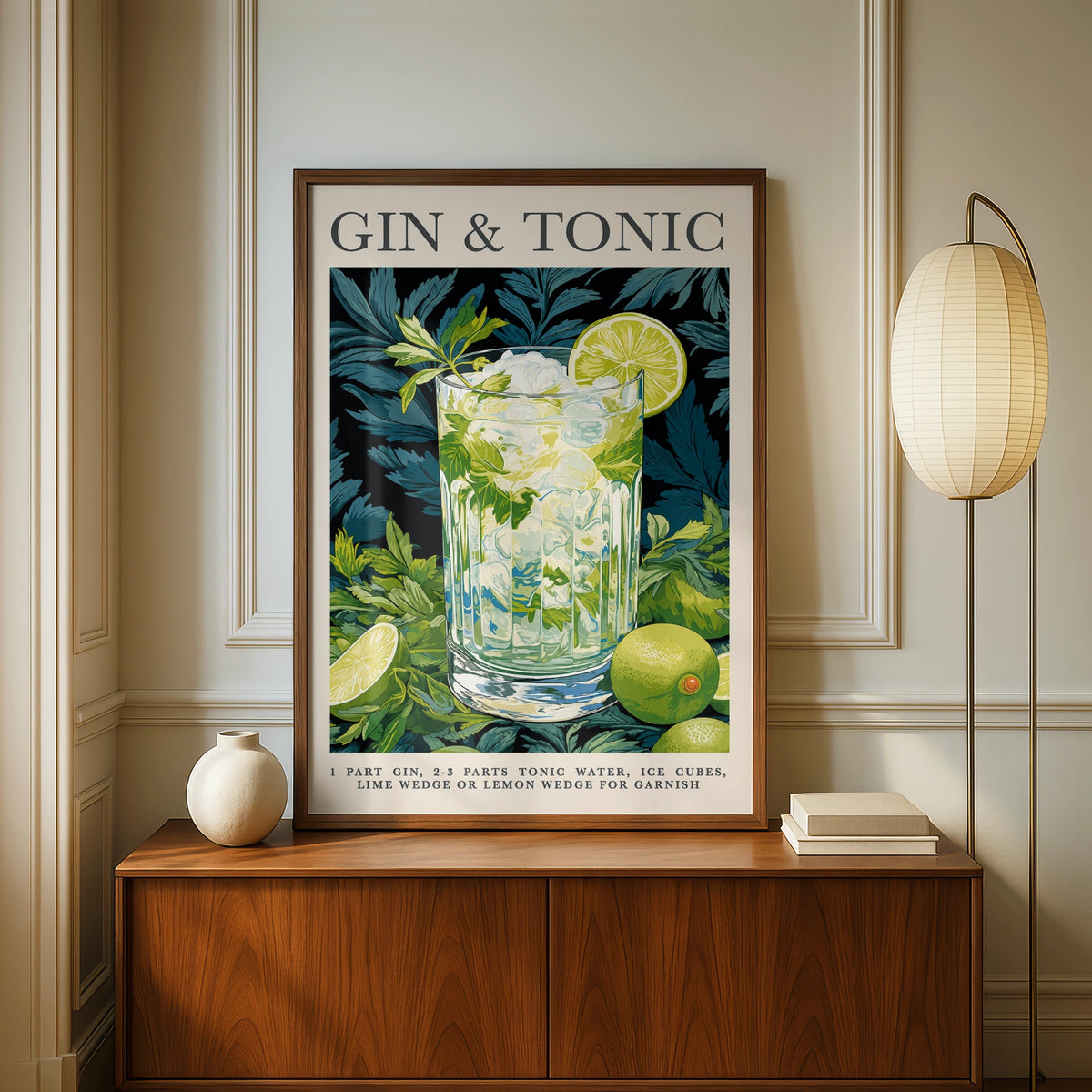 Gin & Tonic Cocktail Poster, Bar Cart Wall Art, Green Botanical Drinks Print