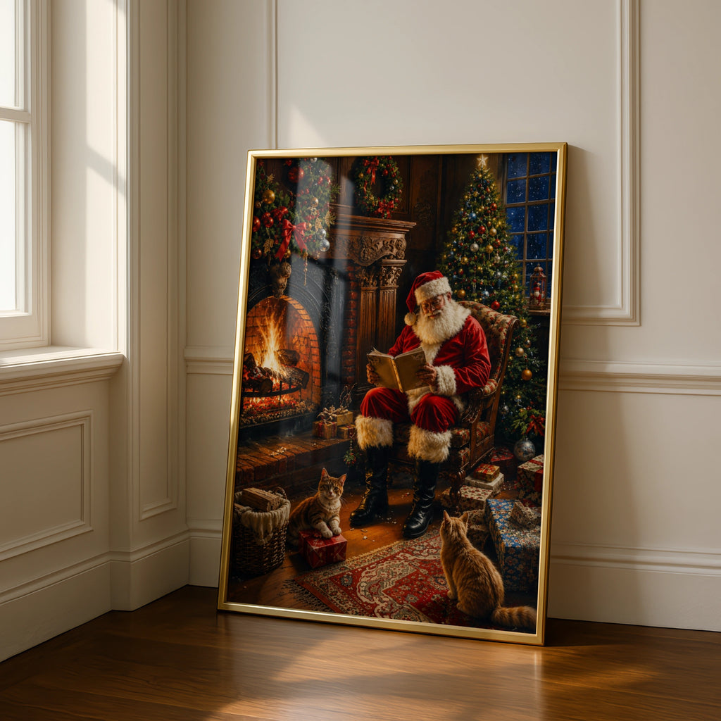 Santa Claus Fireplace Poster, Christmas Wall Art, Cosy Festive Print with Cats