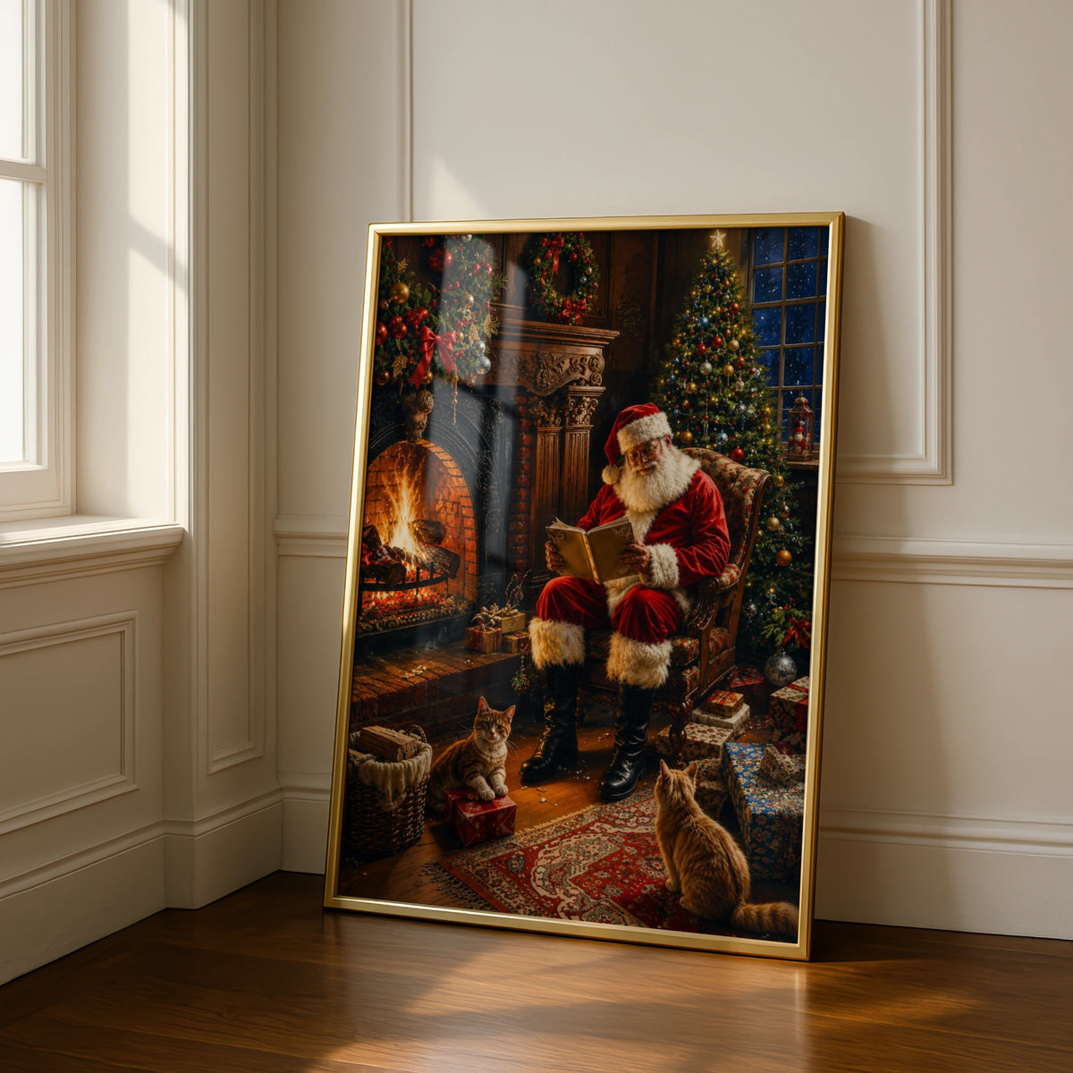 Santa Claus Fireplace Poster, Christmas Wall Art, Cosy Festive Print with Cats
