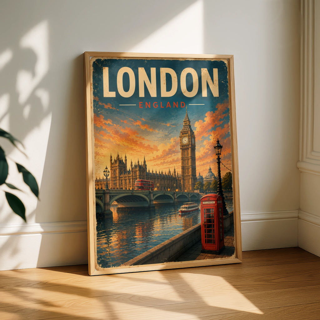 London England Vintage Travel Poster, Big Ben Red Phone Box Wall Art Print