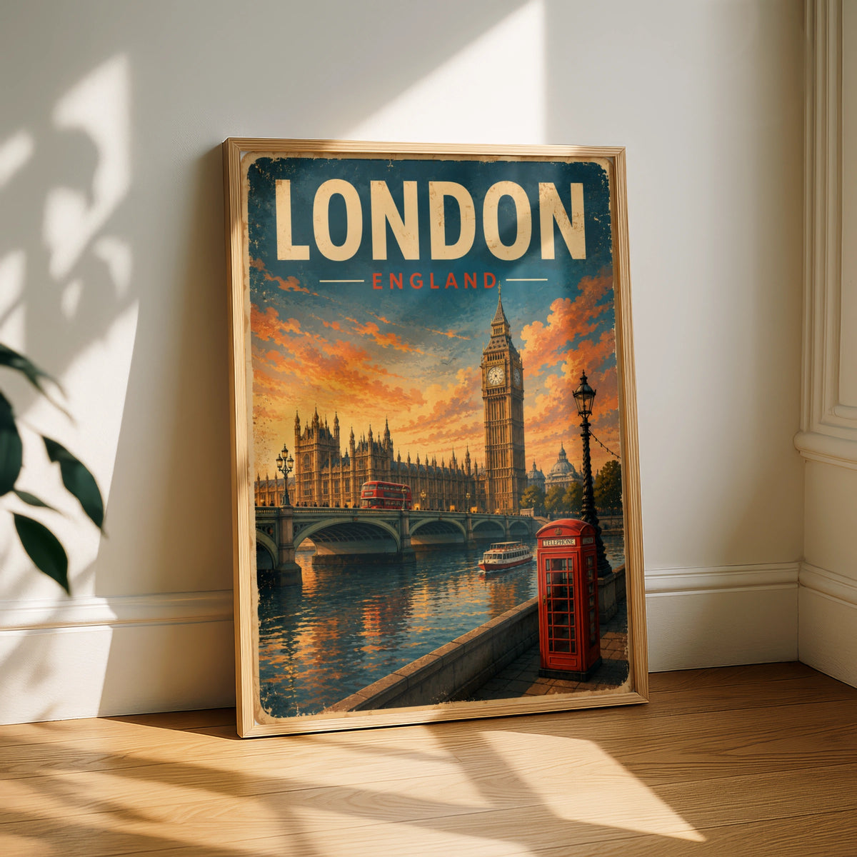 London England Vintage Travel Poster, Big Ben Red Phone Box Wall Art Print