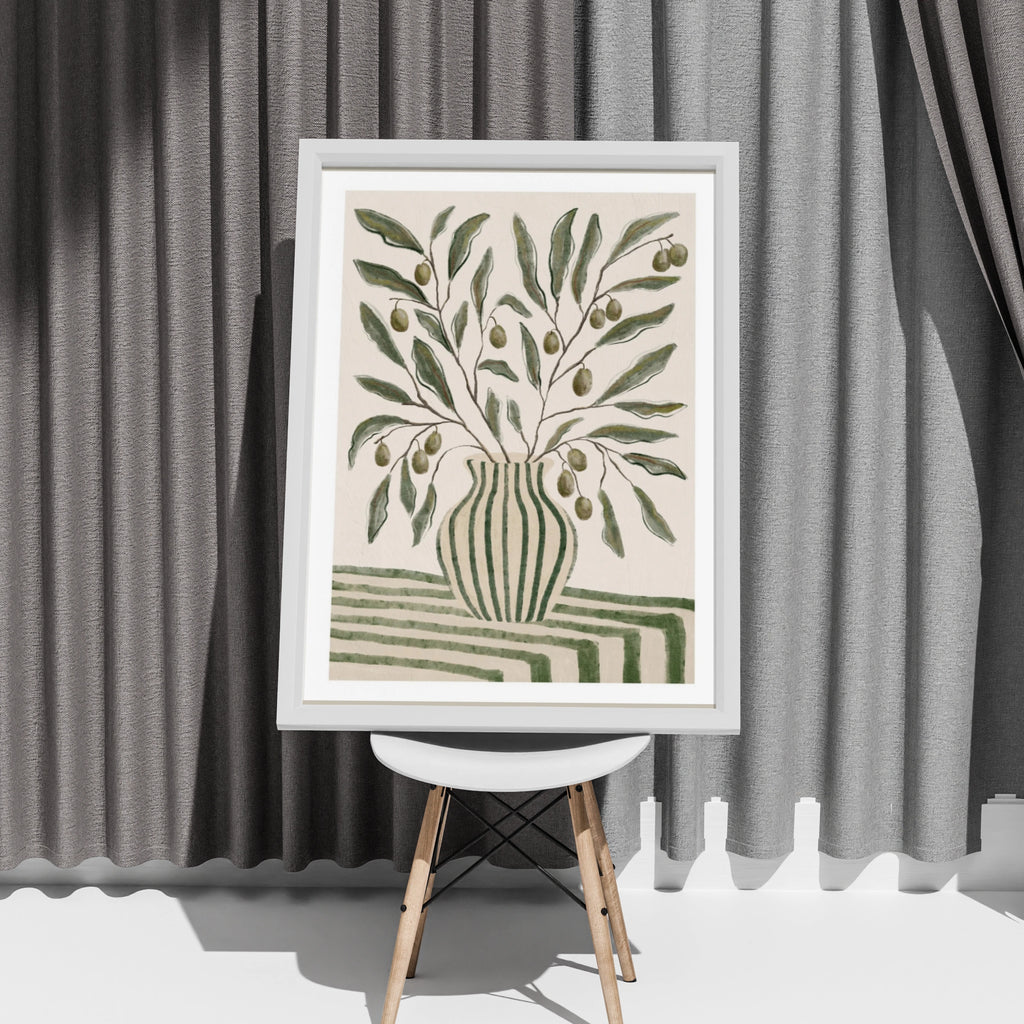 Olive Branch Vase Print, Botanical Wall Art, Watercolour Striped Pot, Green Neutral Kitchen Poster