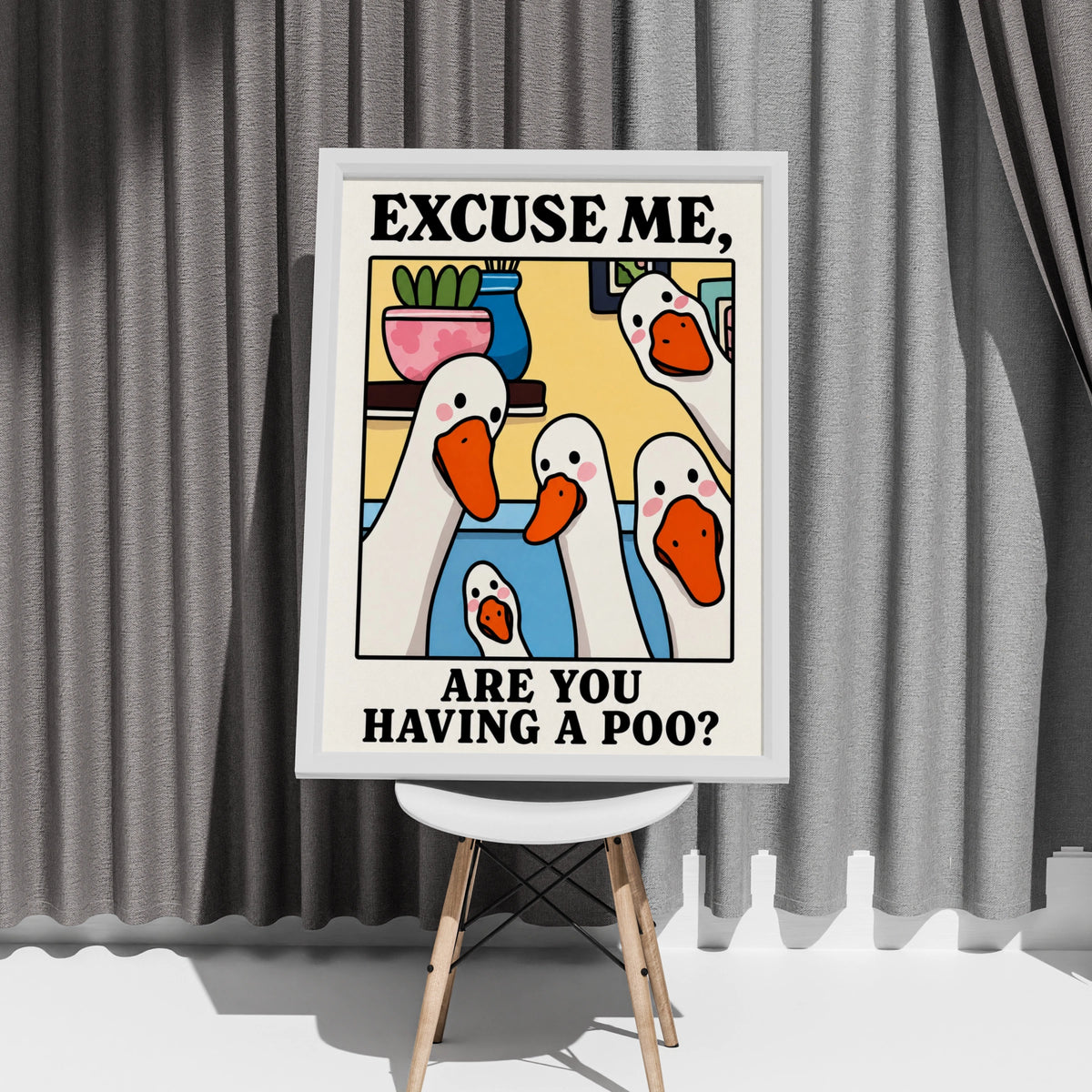Funny Duck Bathroom Poster, Excuse Me Are You Having A Poo, Toilet Wall Art Print