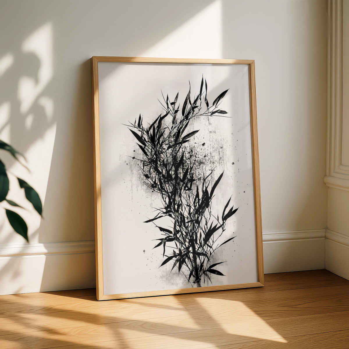 Bamboo Ink Wash Poster, Black White Japanese Botanical Wall Art Print, Zen Decor