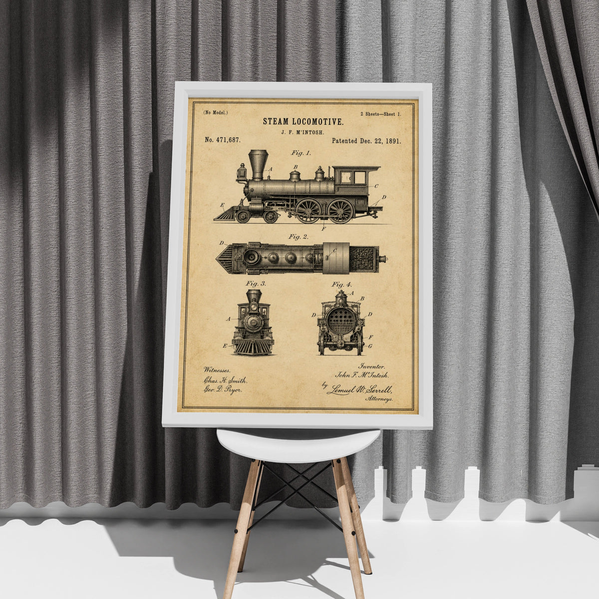 Steam Locomotive Patent Print, Vintage Train Blueprint Poster, Railway Wall Art