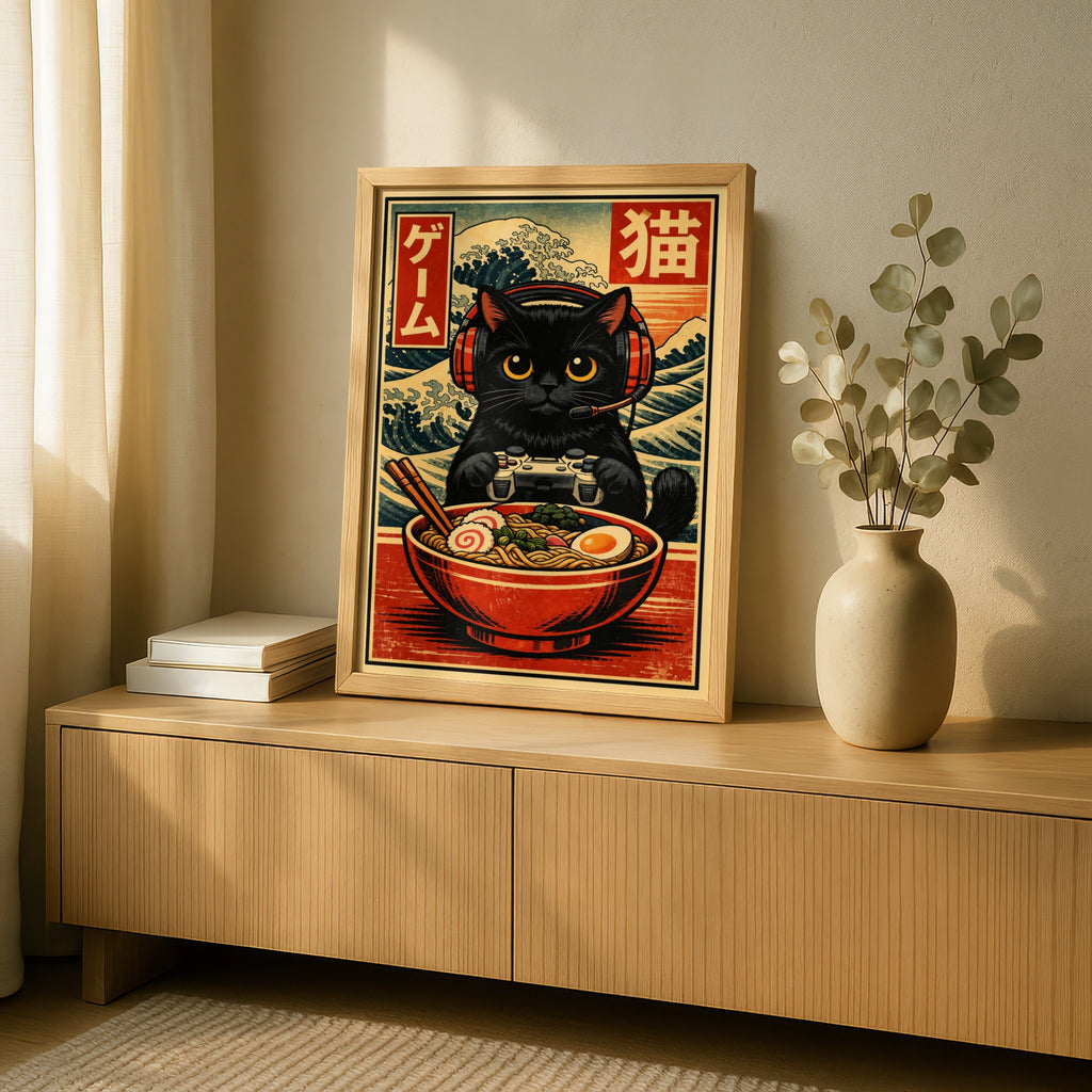 Black Cat Ramen Gamer Poster, Japanese Woodblock Wall Art, Gaming Room Print
