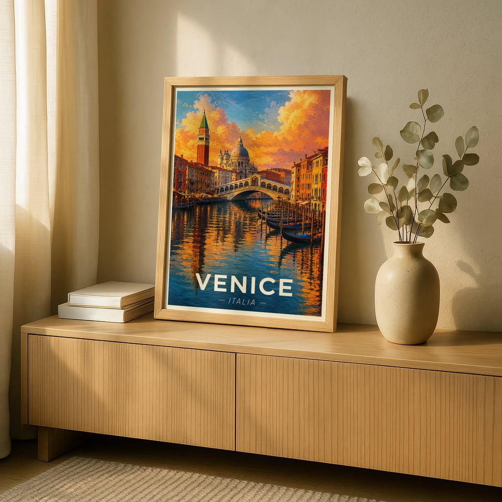 Venice Italy Travel Poster, Grand Canal Wall Art, Rialto Bridge Print, Italian City Decor
