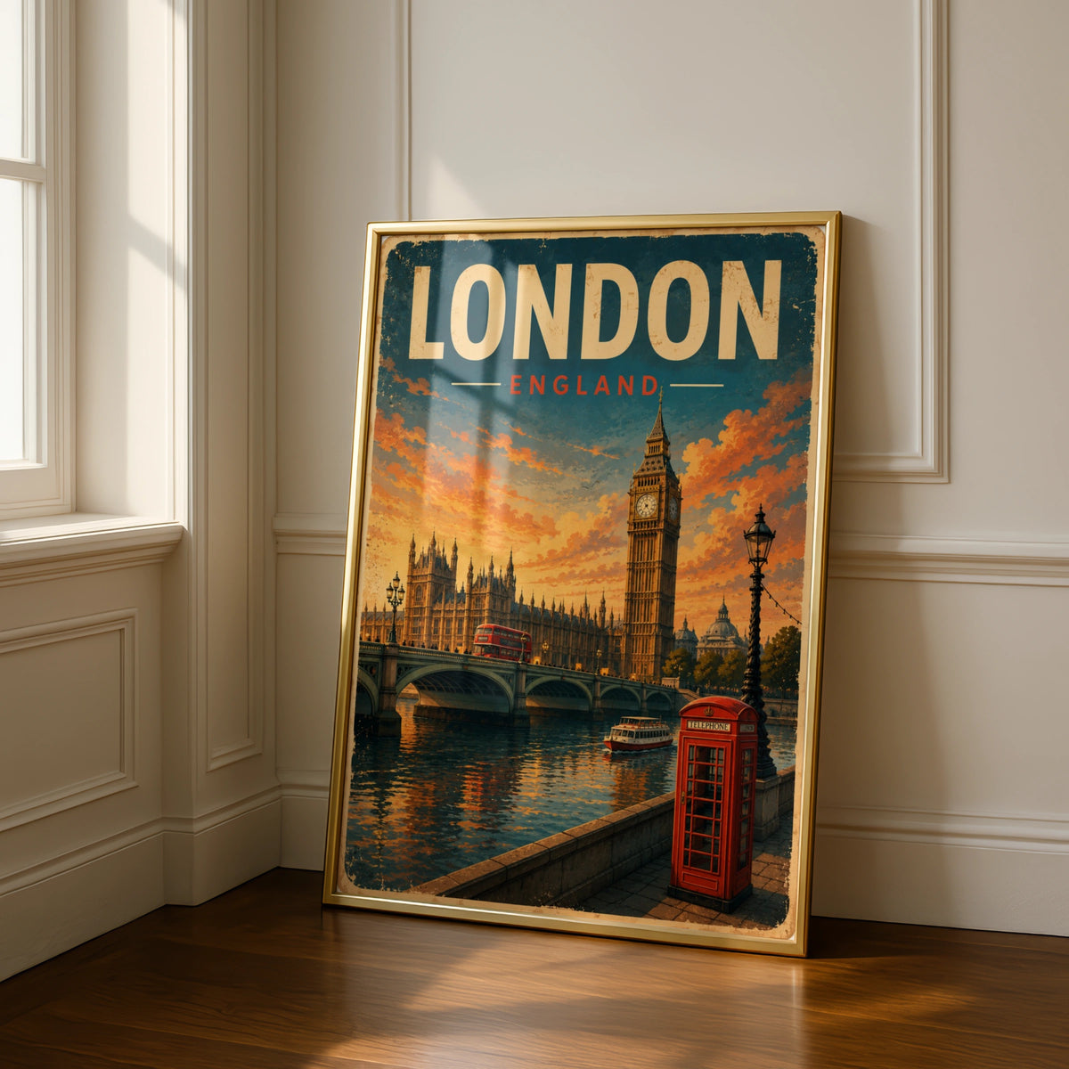 London England Vintage Travel Poster, Big Ben Red Phone Box Wall Art Print
