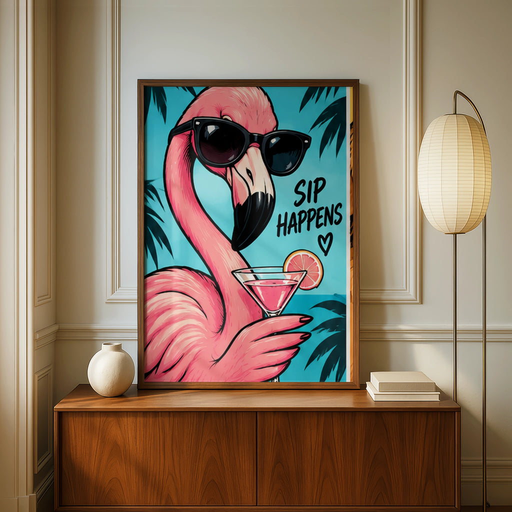Sip Happens Flamingo Poster, Funny Cocktail Wall Art, Pink Tropical Bar Print