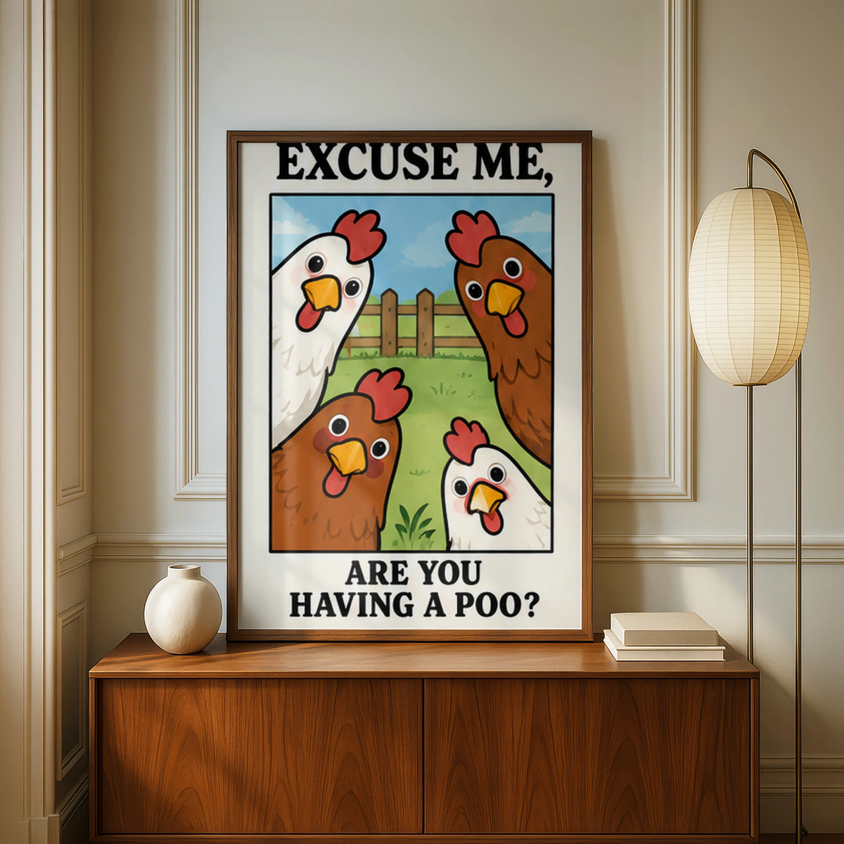 Funny Chicken Bathroom Poster, Excuse Me Are You Having A Poo, Hen Wall Art