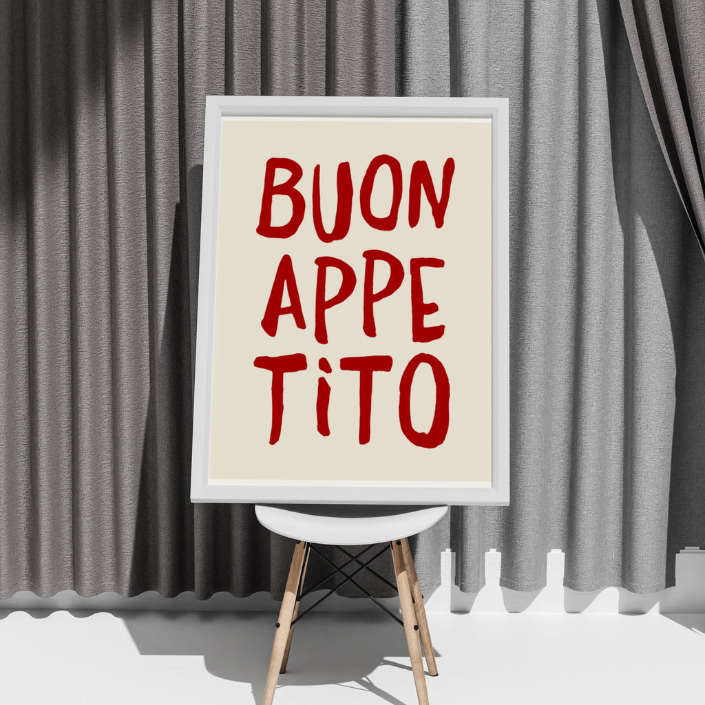 Buon Appetito Poster, Italian Kitchen Wall Art, Red Cream Typography Print