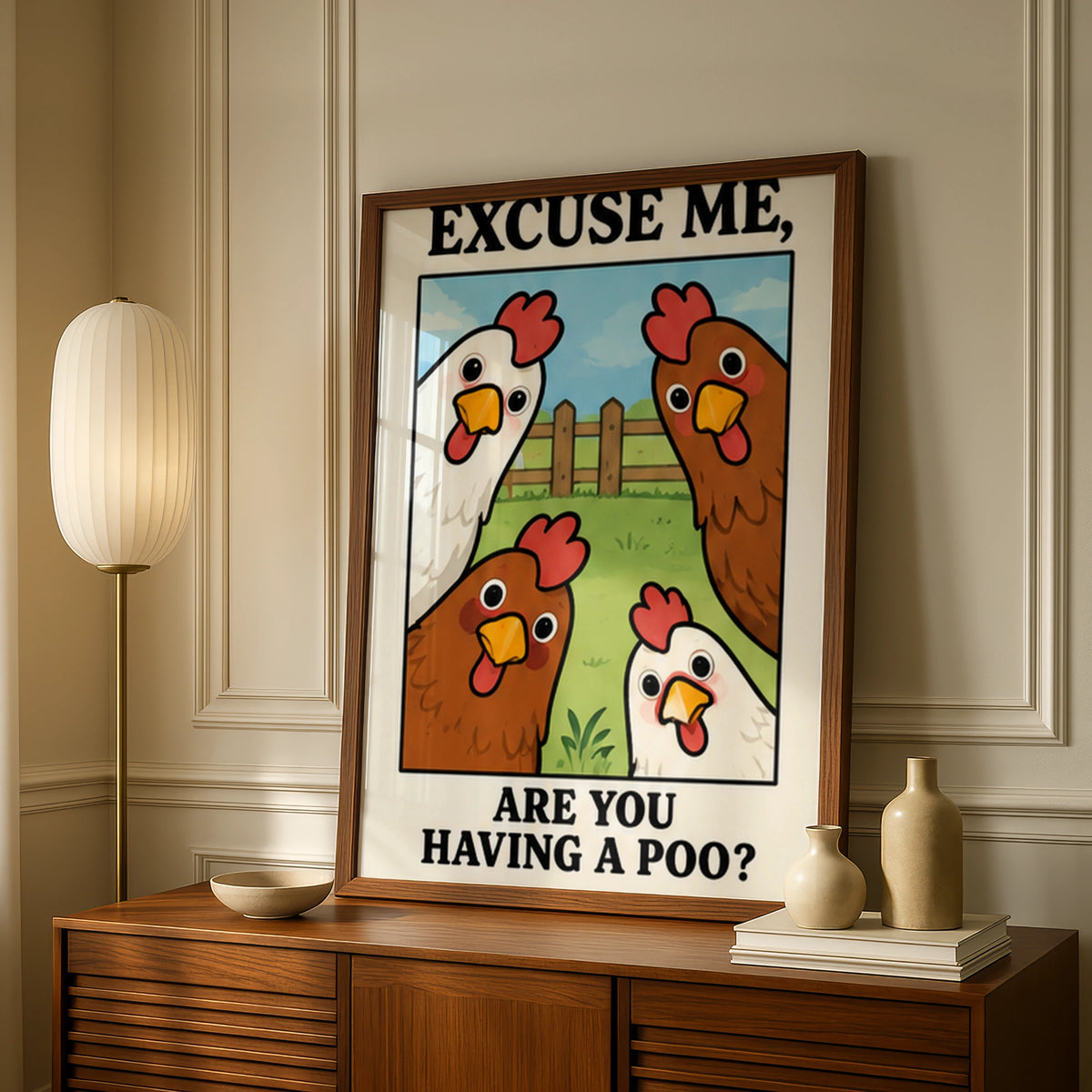 Funny Chicken Bathroom Poster, Excuse Me Are You Having A Poo, Hen Wall Art