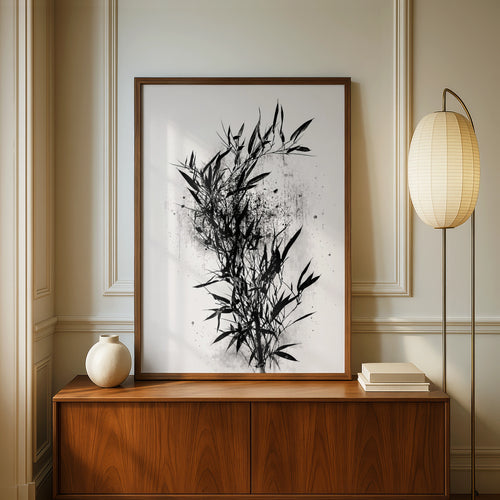 Bamboo Ink Wash Poster, Black White Japanese Botanical Wall Art Print, Zen Decor