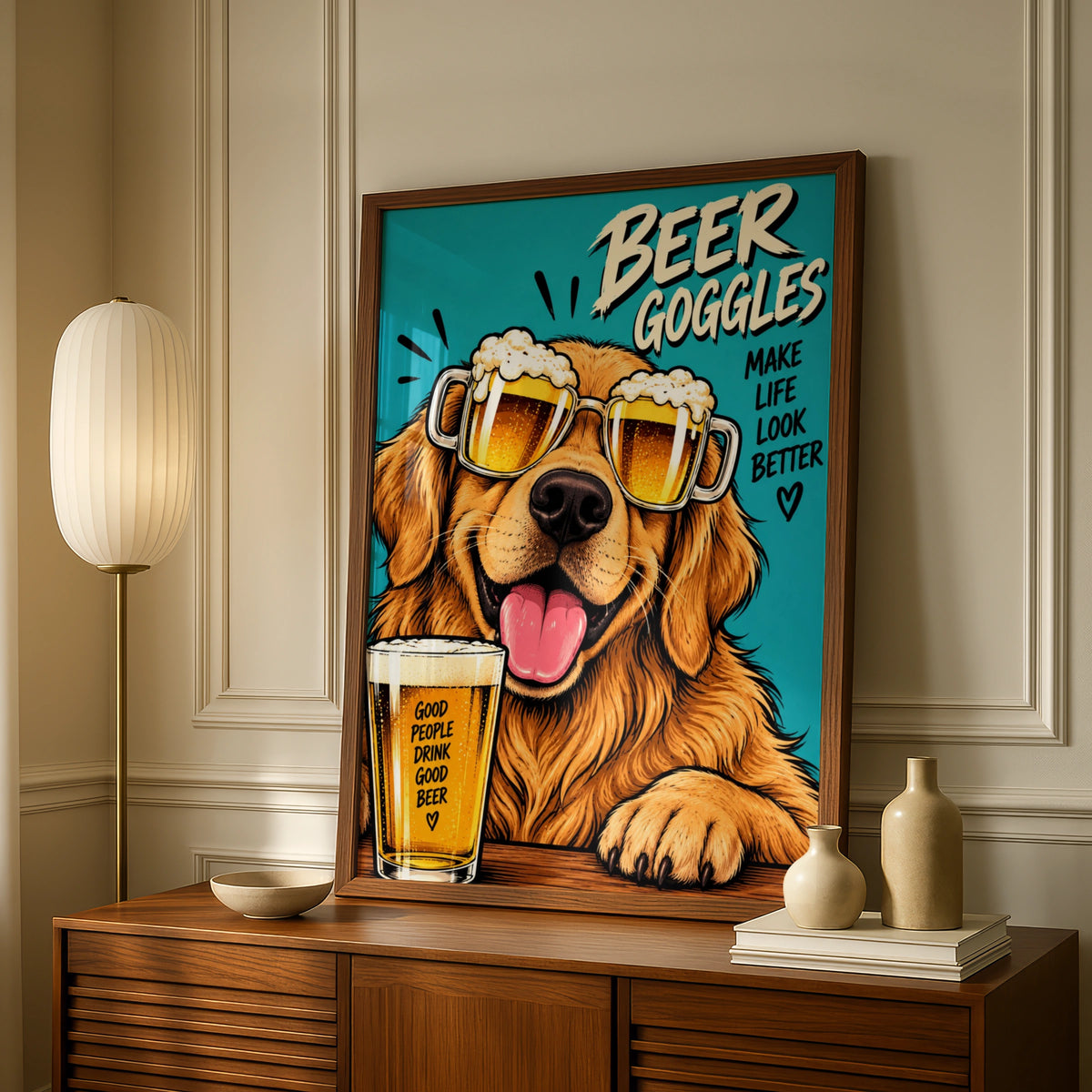 Beer Goggles Golden Retriever Poster, Funny Dog Beer Wall Art, Man Cave Print