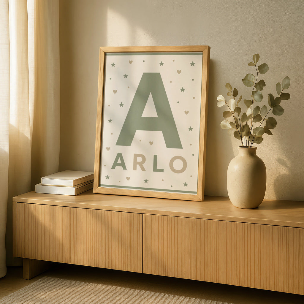 Personalized Name Print, Boys Nursery Wall Art, Initial Letter  Poster, Sage Green Kids Decor