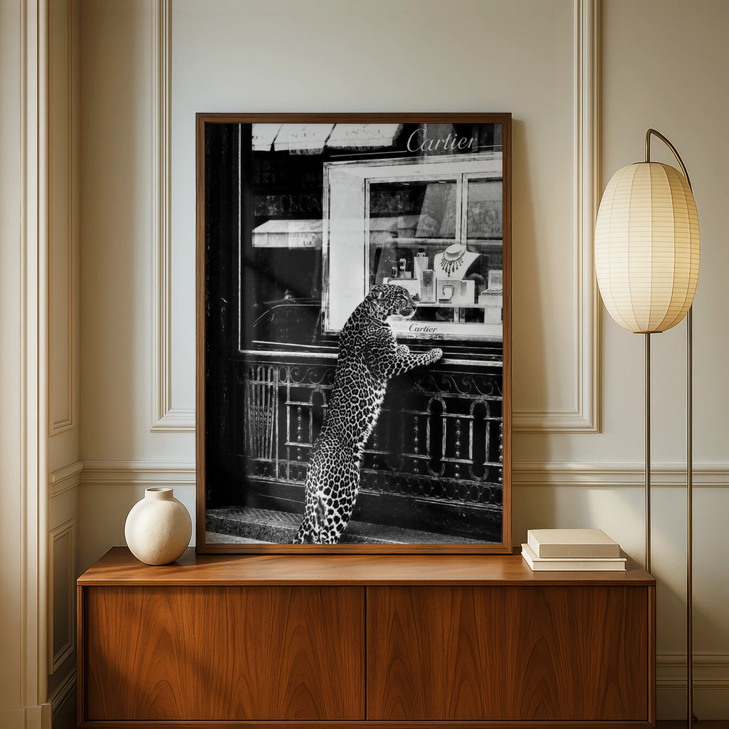 Leopard Cartier Window Poster, Black White Luxury Fashion Wall Art Print