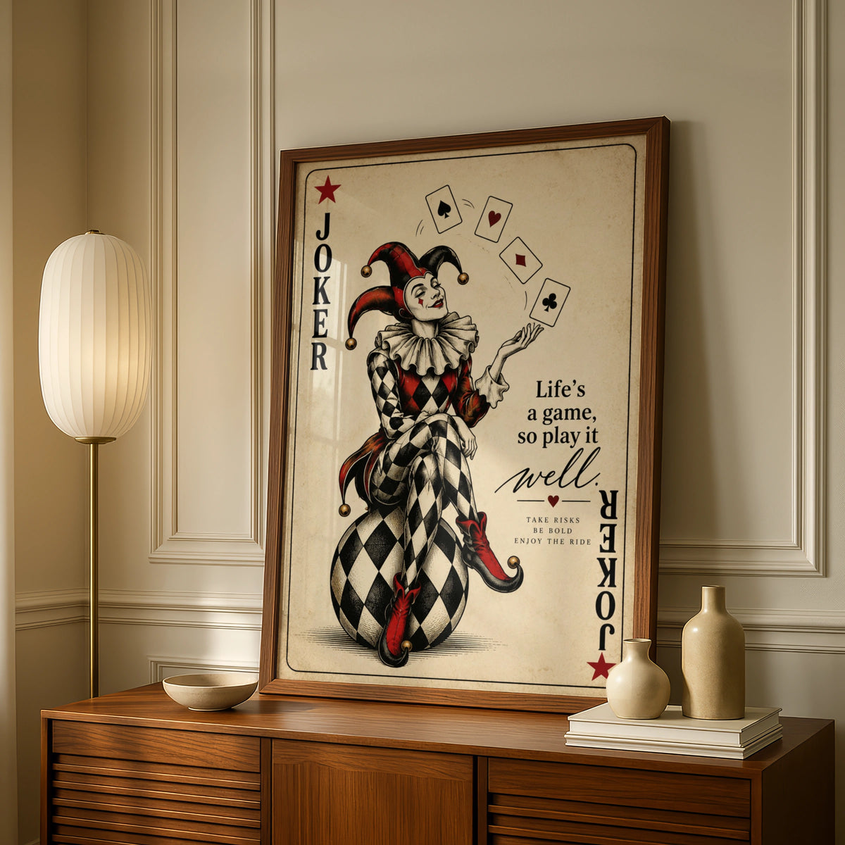 Joker Card Poster, Life's A Game Quote Print, Vintage Jester Wall Art, Red Black