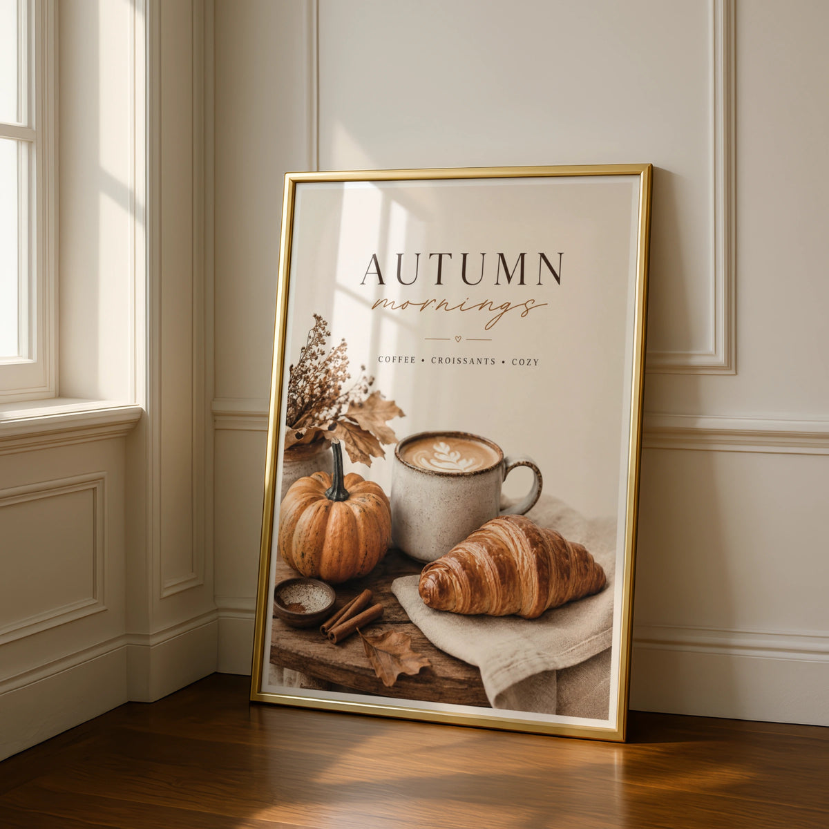 Autumn Mornings Coffee Poster, Cosy Fall Kitchen Wall Art, Pumpkin Croissant Print