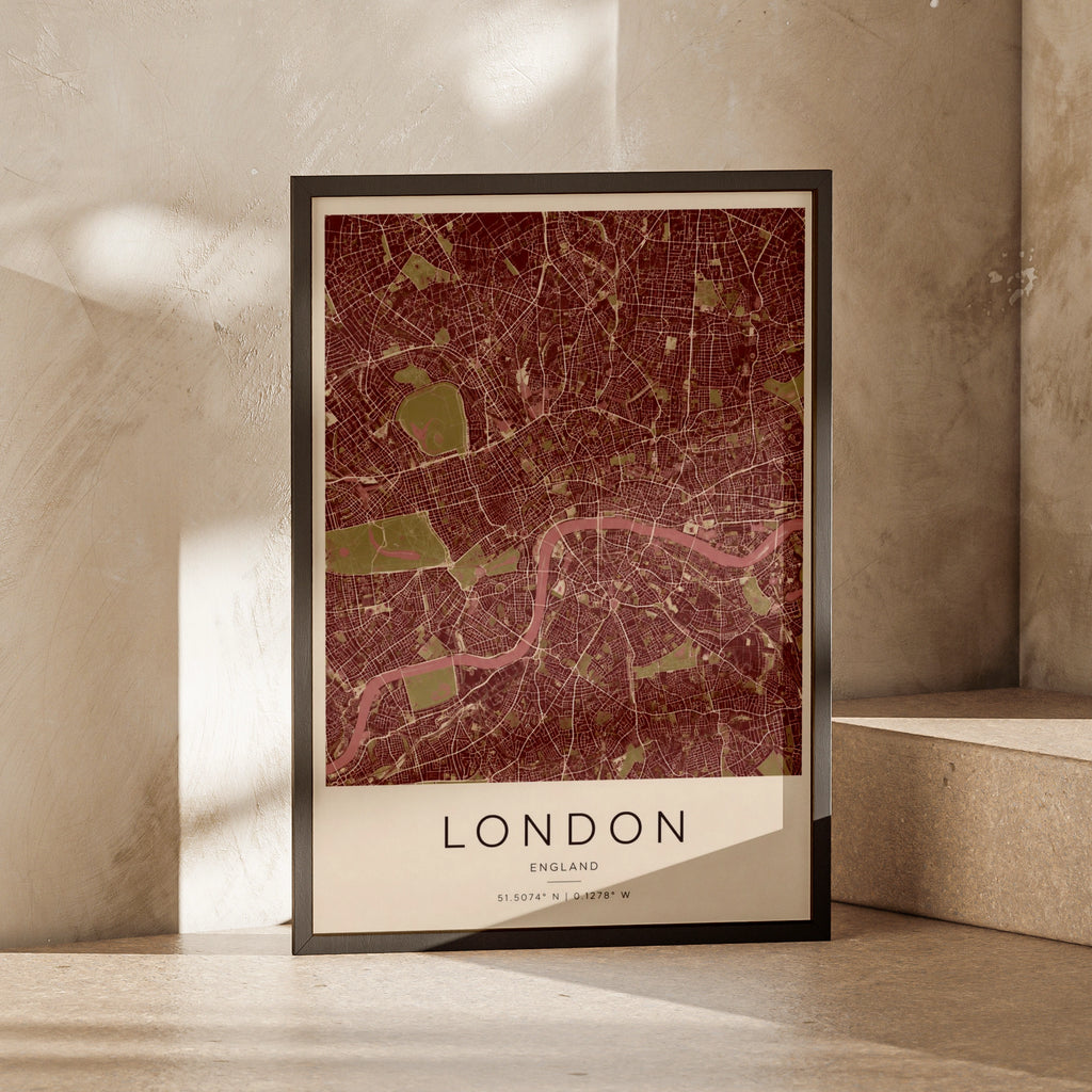London City Map Poster, England Street Map Print, Burgundy Red Wall Art Gift