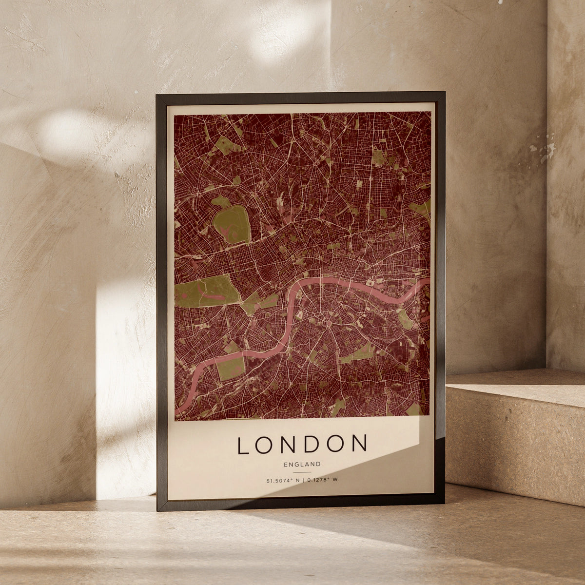 London City Map Poster, England Street Map Print, Burgundy Red Wall Art Gift