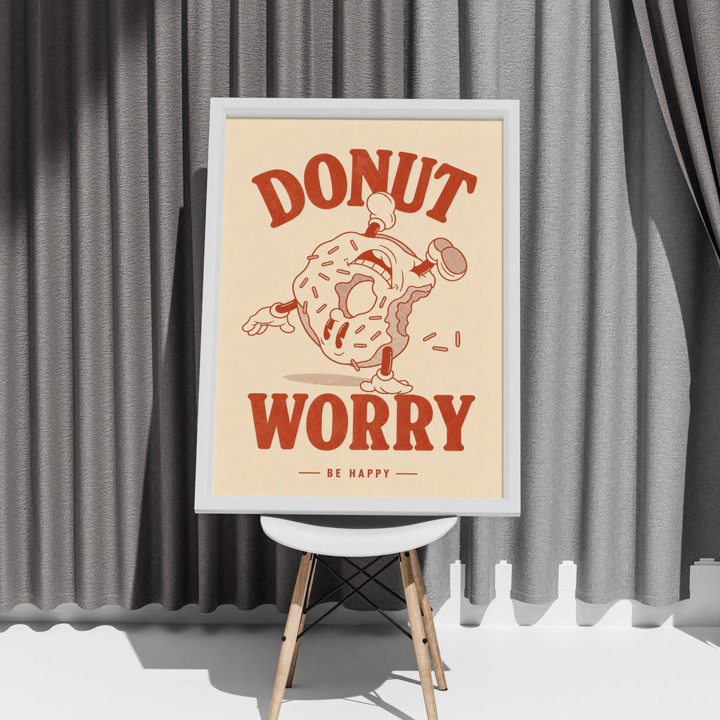 Donut Worry Be Happy Poster, Retro Food Wall Art, Funny Kitchen Print, Red Cream