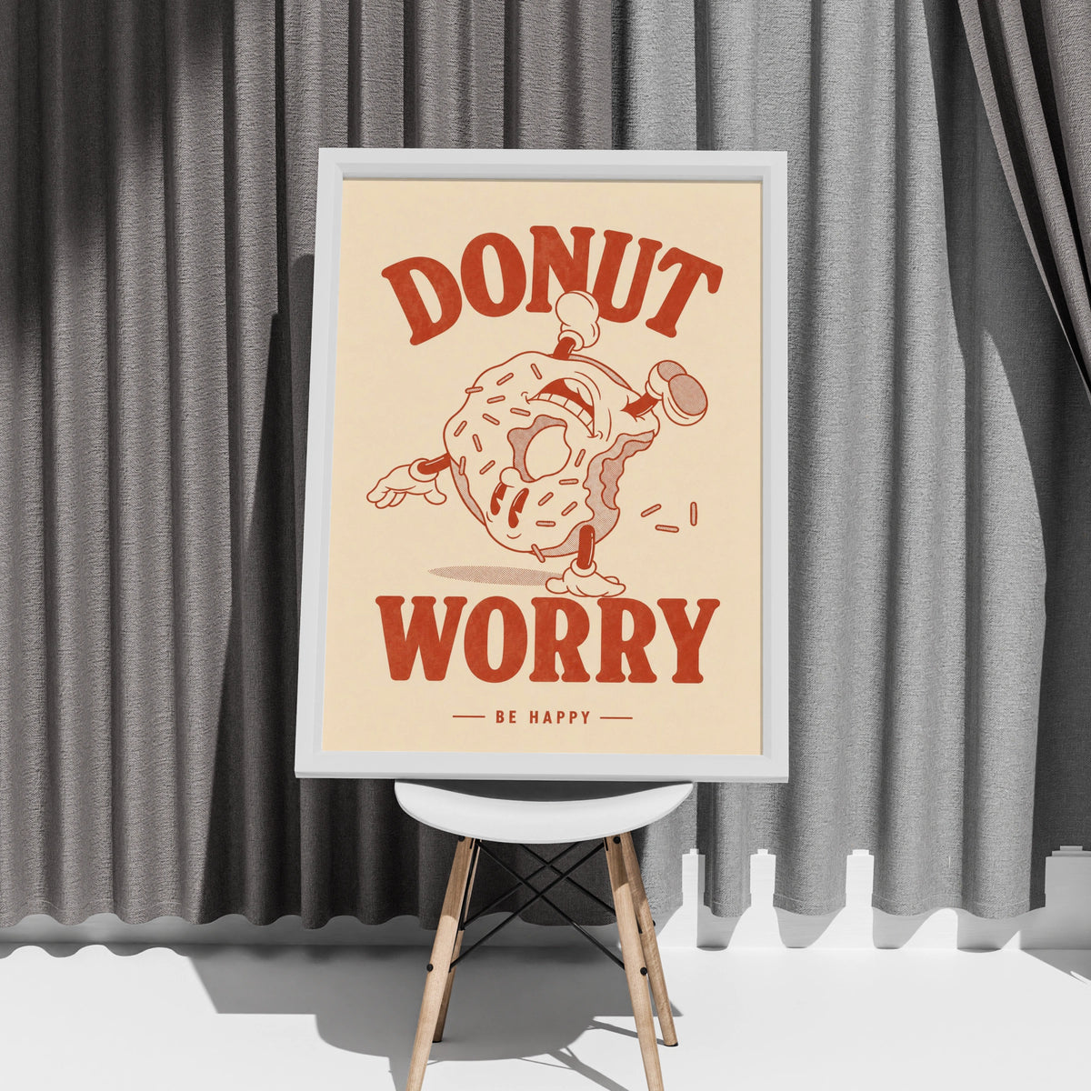Donut Worry Be Happy Poster, Retro Food Wall Art, Funny Kitchen Print, Red Cream
