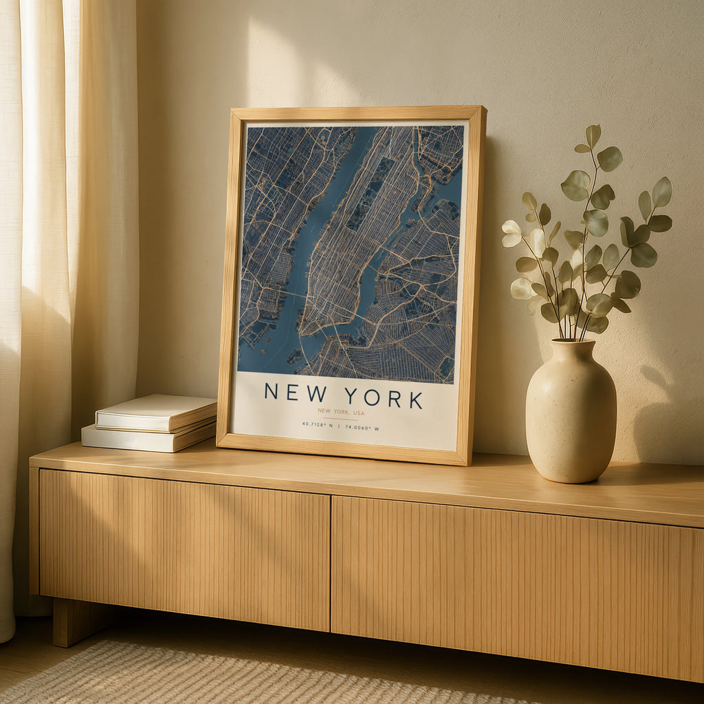 New York City Map Poster, Navy Blue Gold Manhattan Street Map, NYC Wall Art Print
