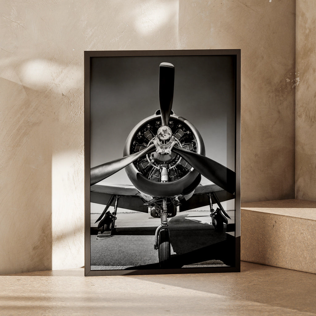 Vintage Propeller Aeroplane Black White Poster, Radial Engine Aircraft Wall Art Print
