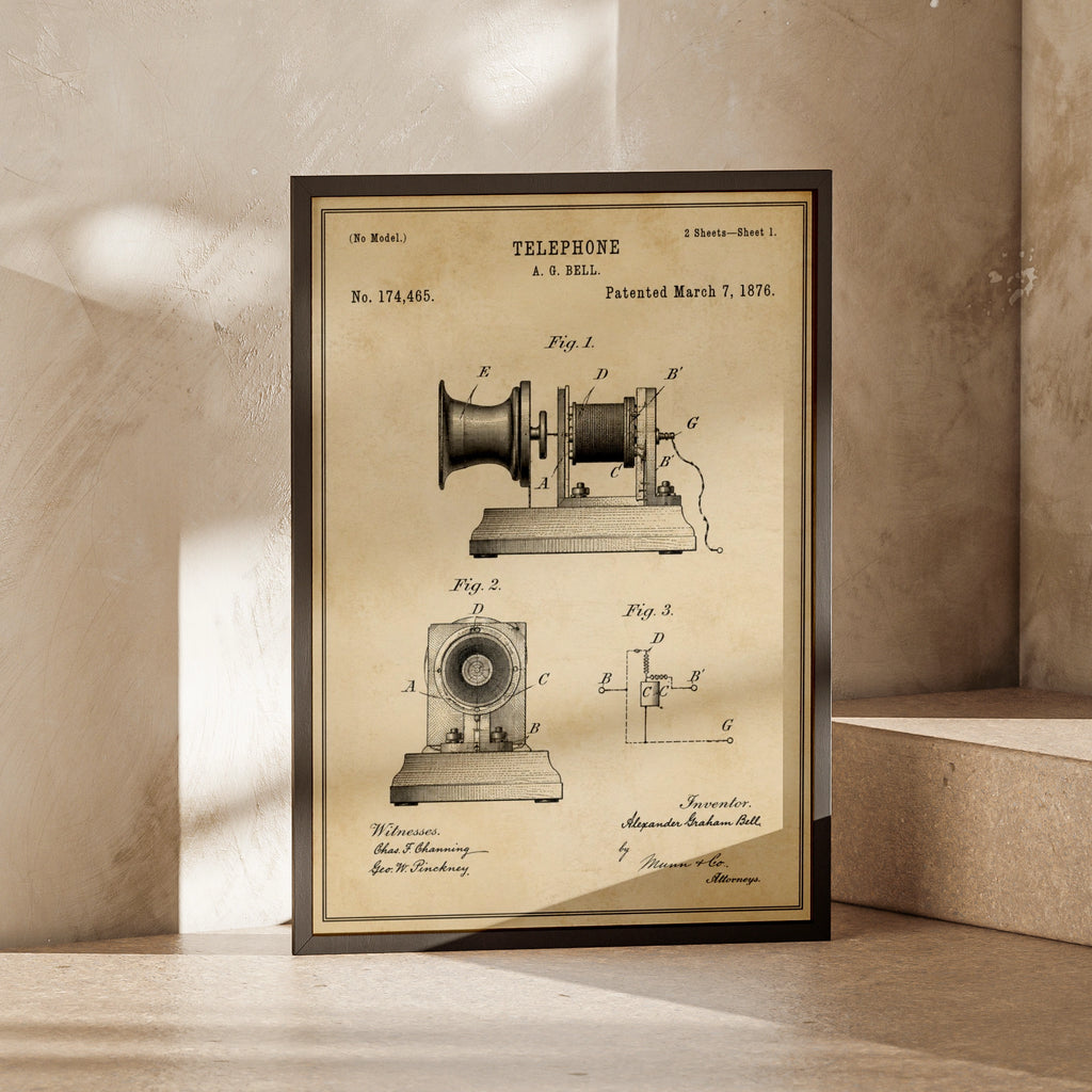 Alexander Graham Bell Telephone Patent Print, Vintage 1876 Invention Poster Wall Art