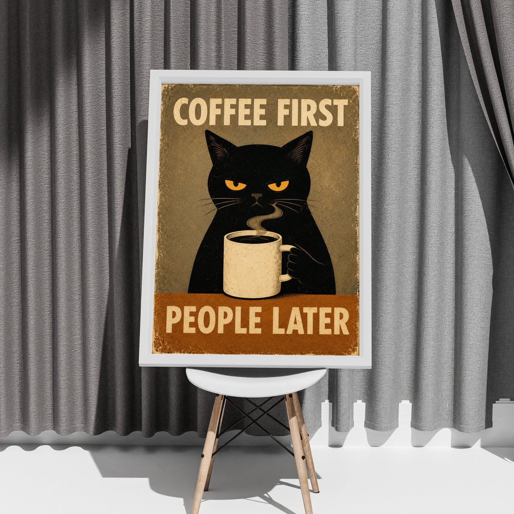 Coffee First People Later Poster, Grumpy Black Cat Retro Wall Art, Funny Kitchen Print