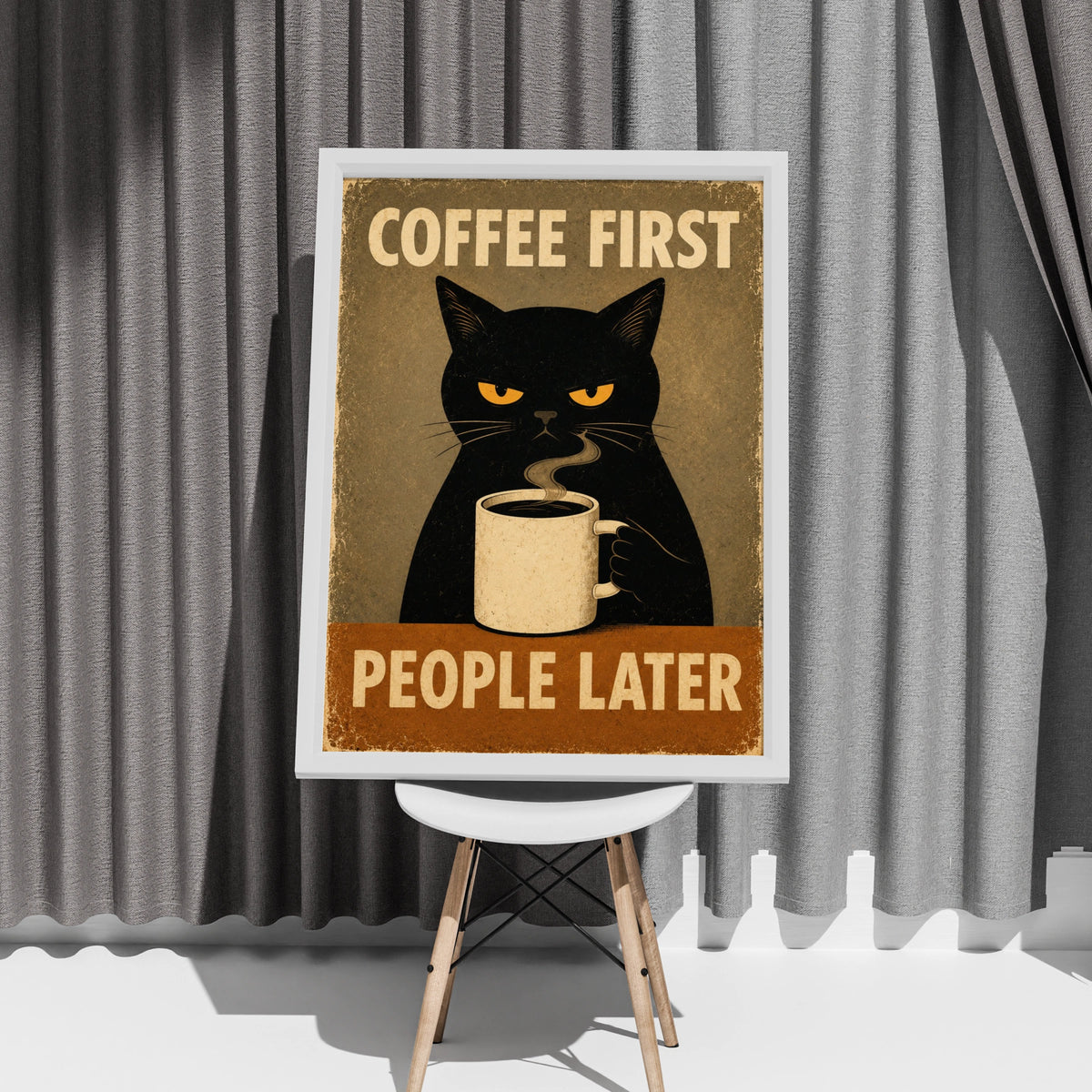 Coffee First People Later Poster, Grumpy Black Cat Retro Wall Art, Funny Kitchen Print