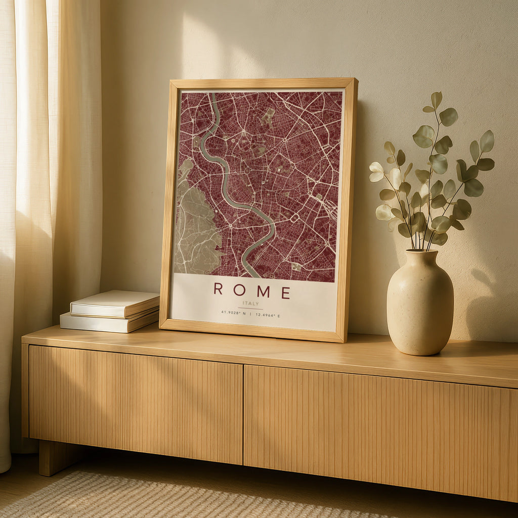 Rome Italy Map Poster, City Street Map Print, Deep Red Minimalist Wall Art