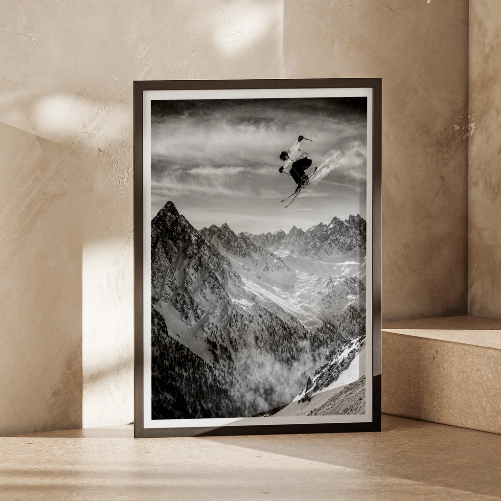 Skiing Jump Poster, Black White Mountain Wall Art, Skier Print, Snow Sports Decor