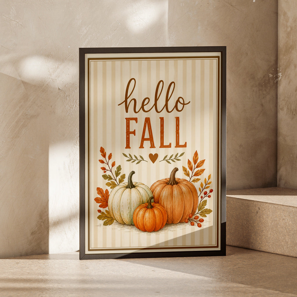 Hello Fall Pumpkin Wall Art, Autumn Harvest Poster, Rustic Orange Cream Home Decor Print