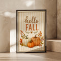 Hello Fall Pumpkin Wall Art, Autumn Harvest Poster, Rustic Orange Cream Home Decor Print